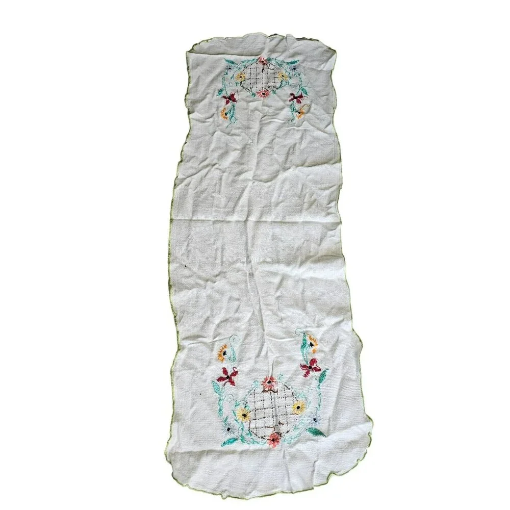 Vintage Floral Hand Embroidered Table Runner table Cloth 11.5 x 34 in
